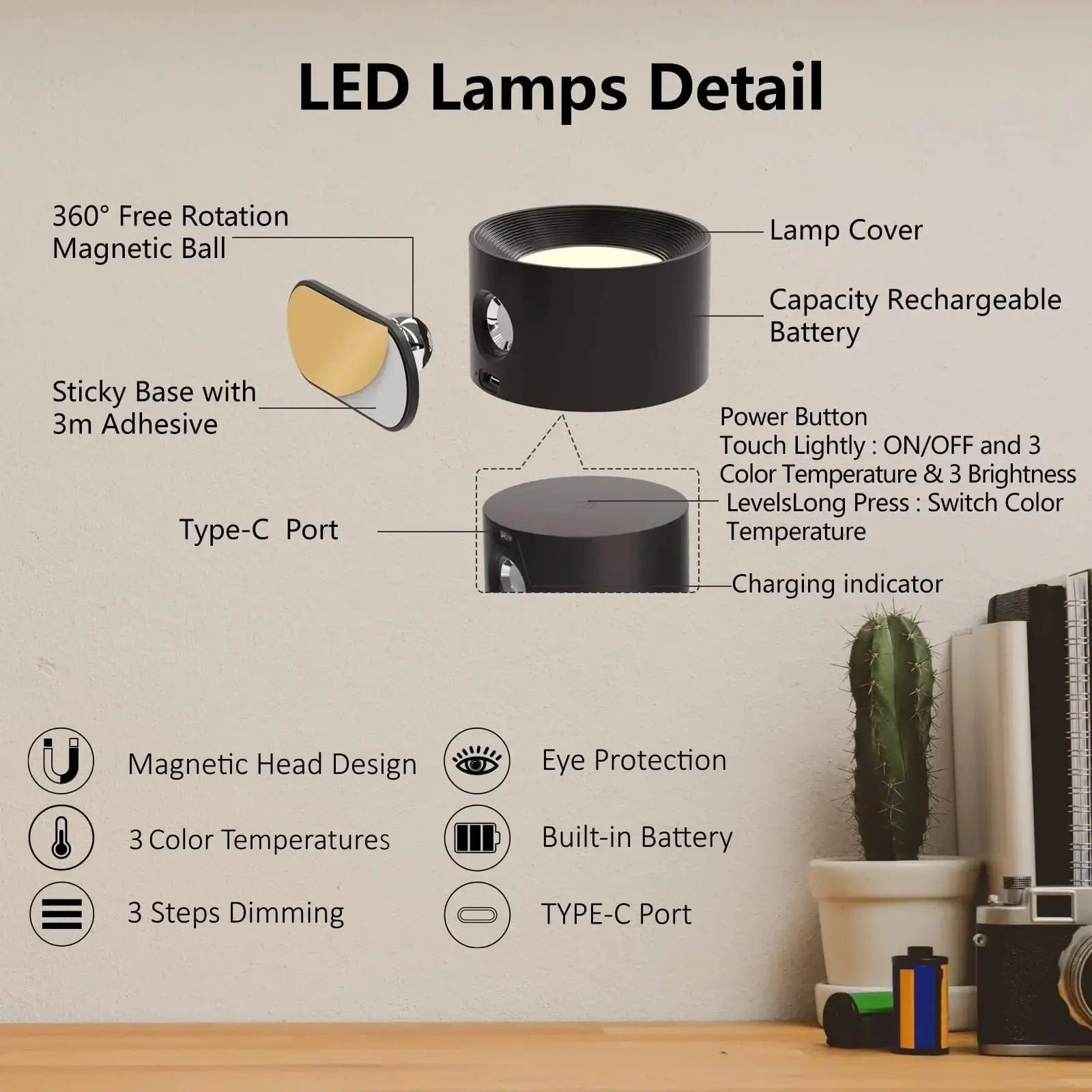 Luce da Parete Wireless Ricaricabile Regolabile per Interni Moderni