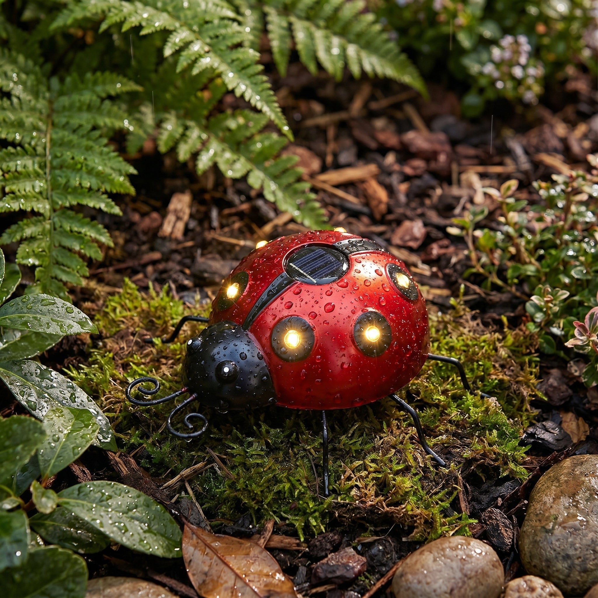 Decorazione da Giardino in Metallo a LED Solare a Forma di Coccinella
