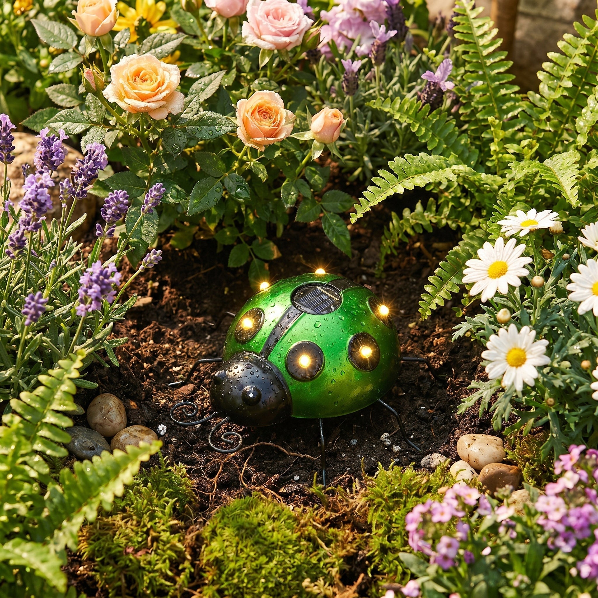 Decorazione da Giardino in Metallo a LED Solare a Forma di Coccinella