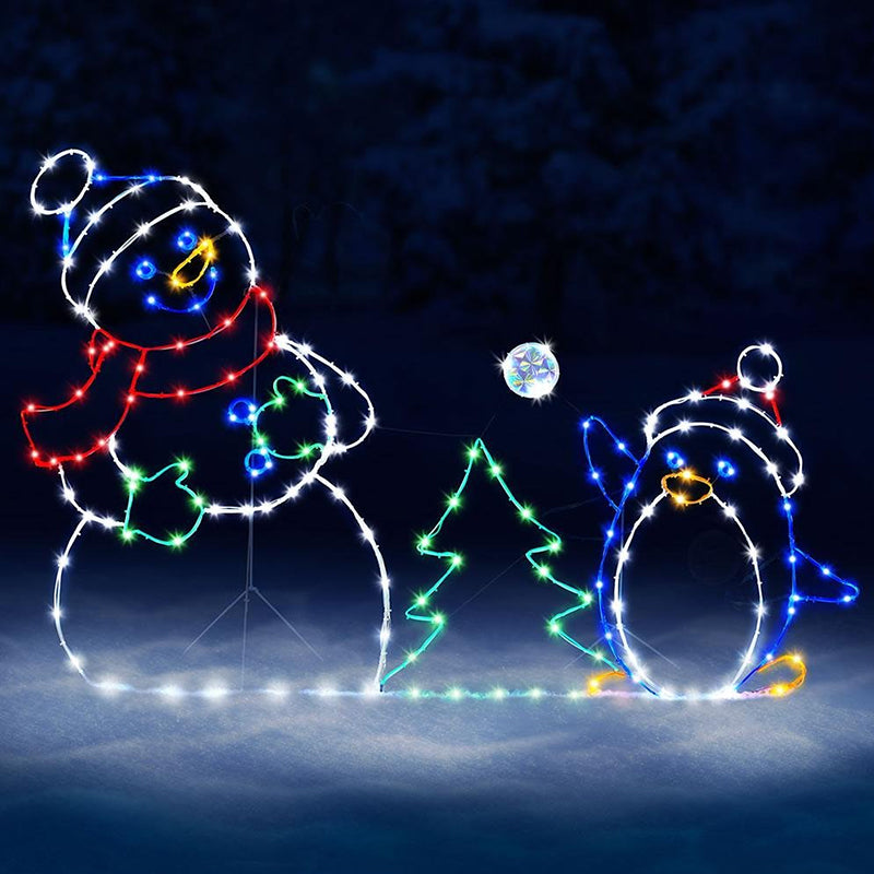 Luce Animata a LED con Palline di Neve | Decorazione Natalizia Esterna con Pupazzo di Neve e Pinguino