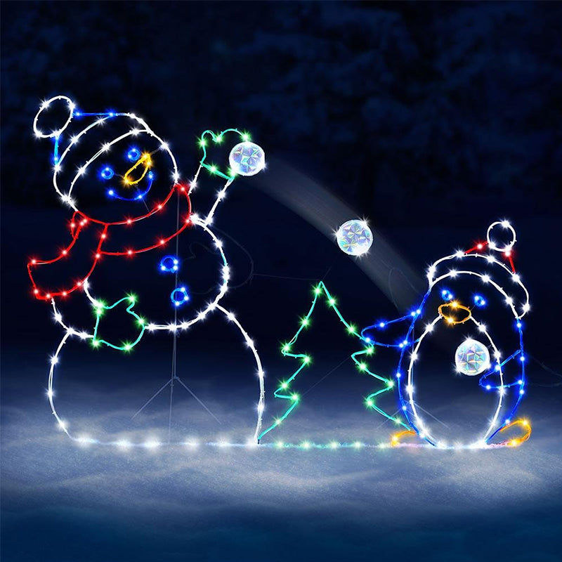Luce Animata a LED con Palline di Neve | Decorazione Natalizia Esterna con Pupazzo di Neve e Pinguino