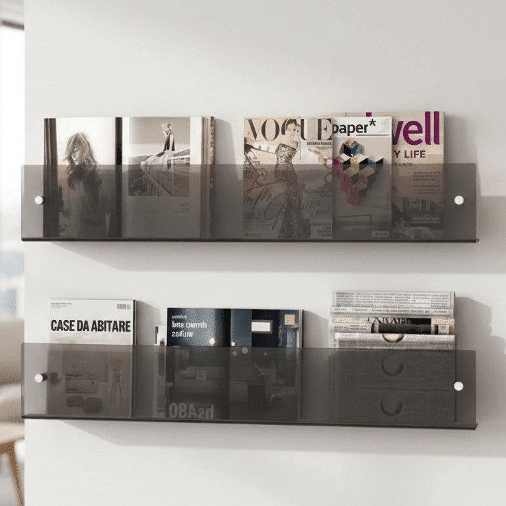 MODURACK – Supporto a muro minimalista in acrilico per riviste in ambienti moderni