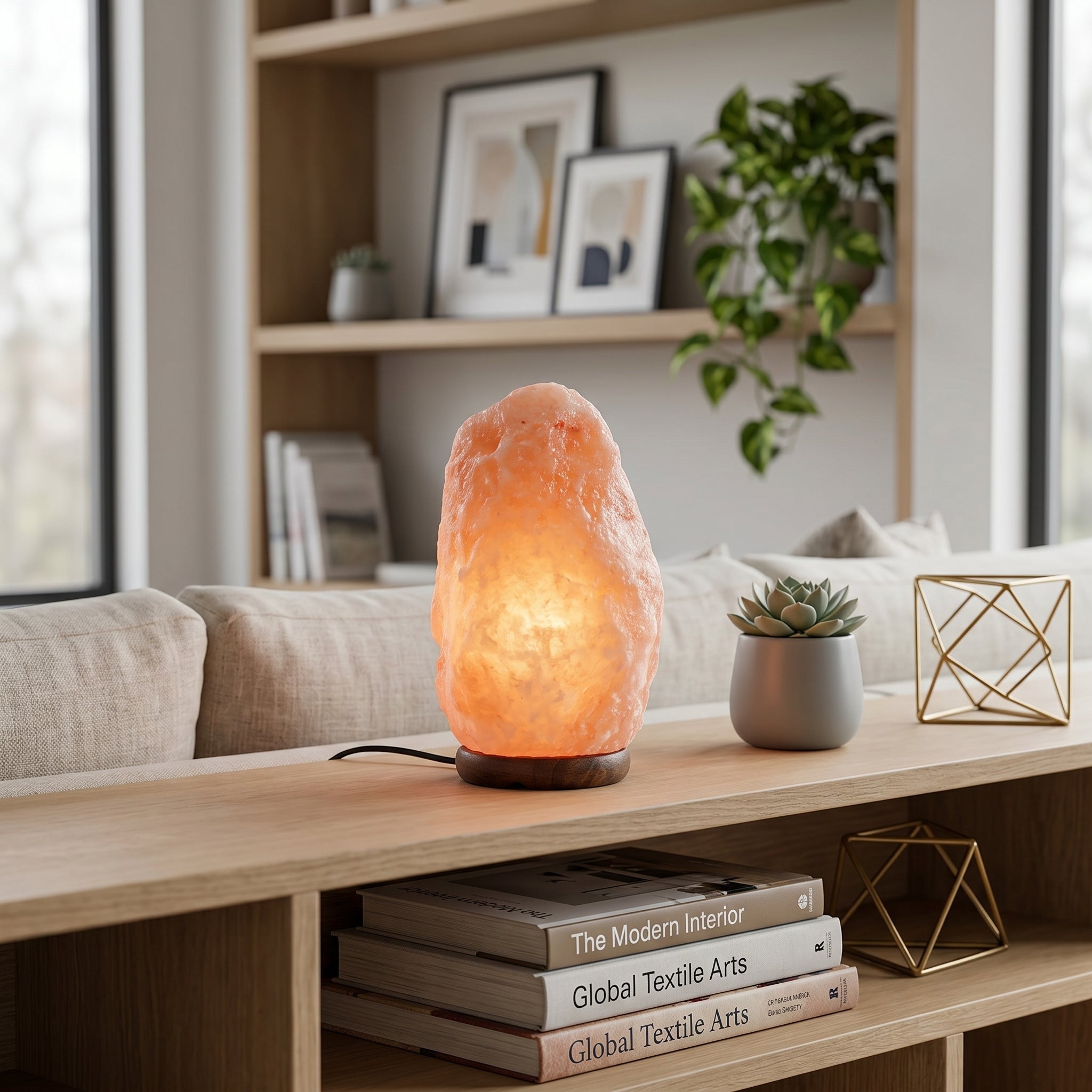 Lampada da tavolo in stile sale himalayano con base in legno