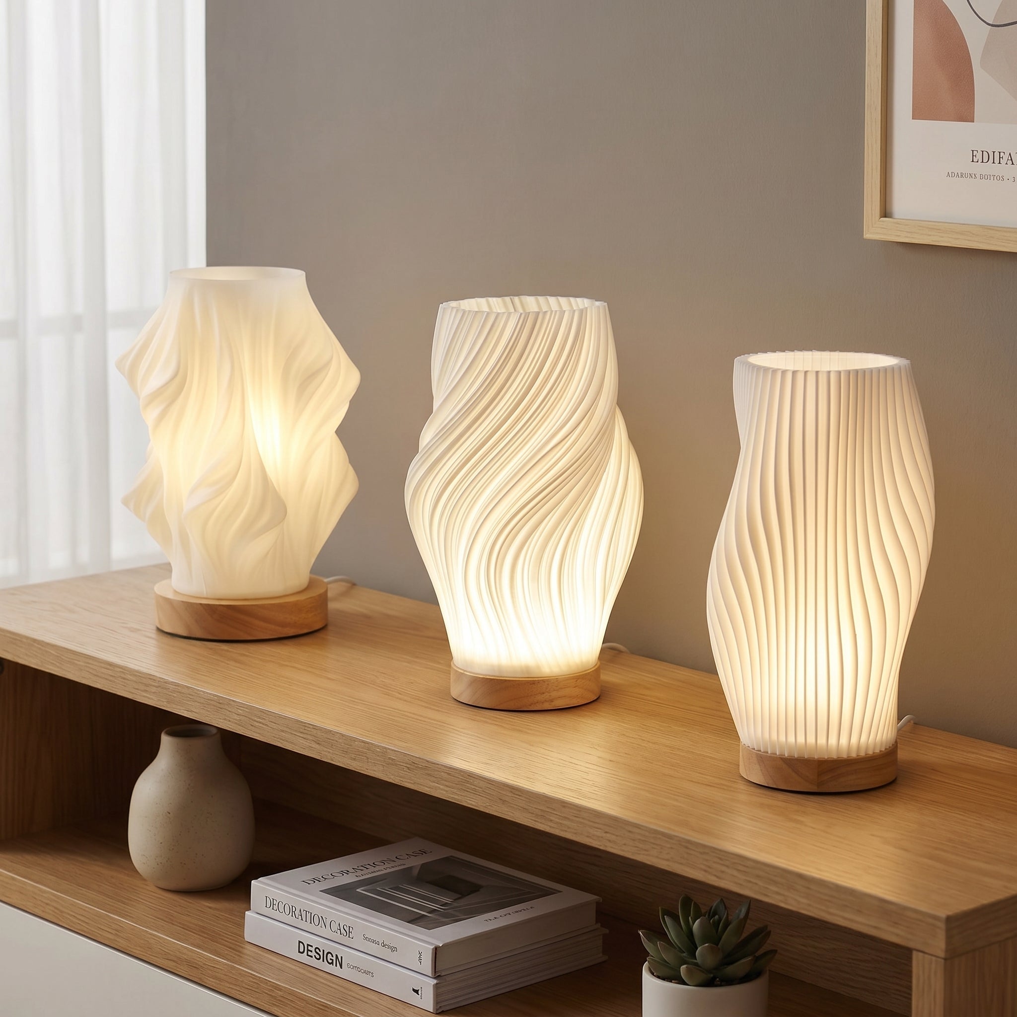 Lampada da tavolo con paralume a spirale e base in legno