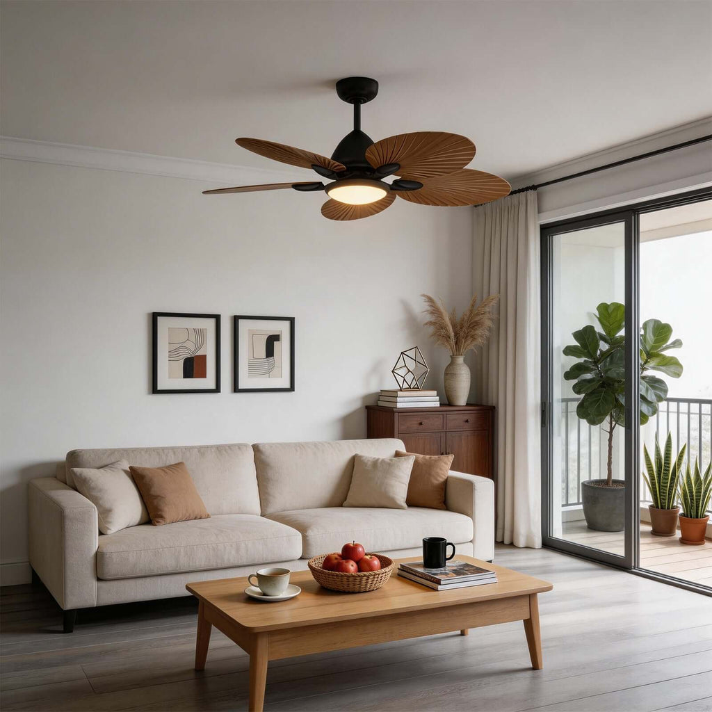 Saviu | Ventilatore da soffitto nero da 130 cm con paralume color caffè, 5 pale e LED a spettro completo, telecomando