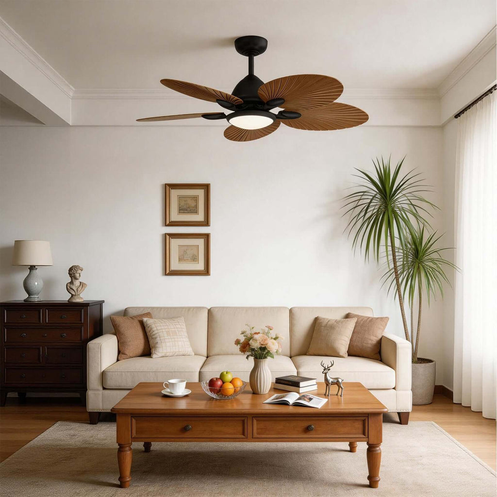 Saviu | Ventilatore da soffitto nero da 130 cm con paralume color caffè, 5 pale e LED a spettro completo, telecomando