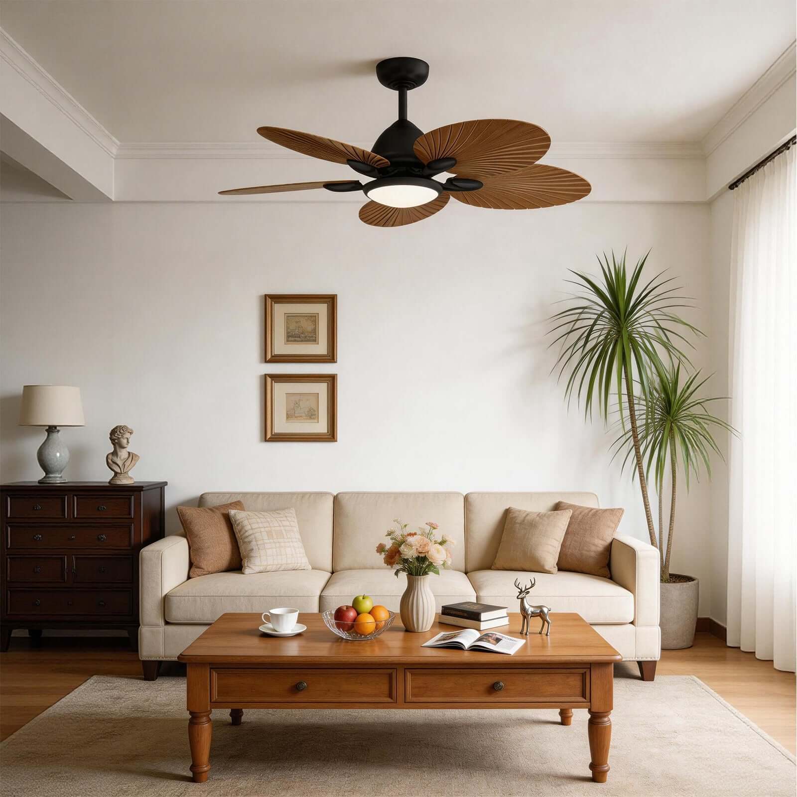 Saviu | Ventilatore da soffitto nero da 130 cm con paralume color caffè, 5 pale e LED a spettro completo, telecomando