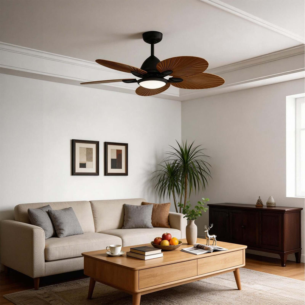 Saviu | Ventilatore da soffitto nero da 130 cm con paralume color caffè, 5 pale e LED a spettro completo, telecomando