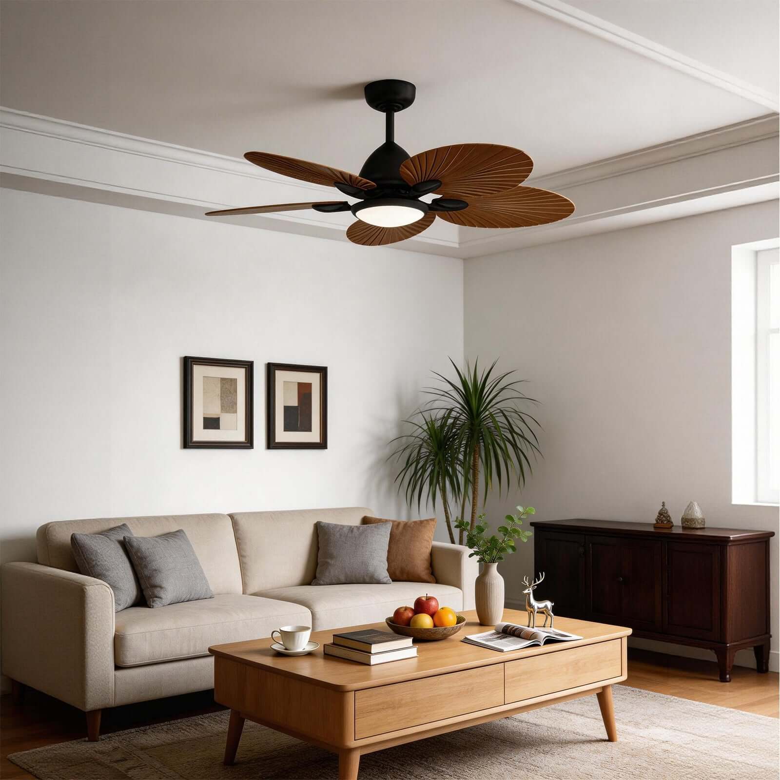 Saviu | Ventilatore da soffitto nero da 130 cm con paralume color caffè, 5 pale e LED a spettro completo, telecomando