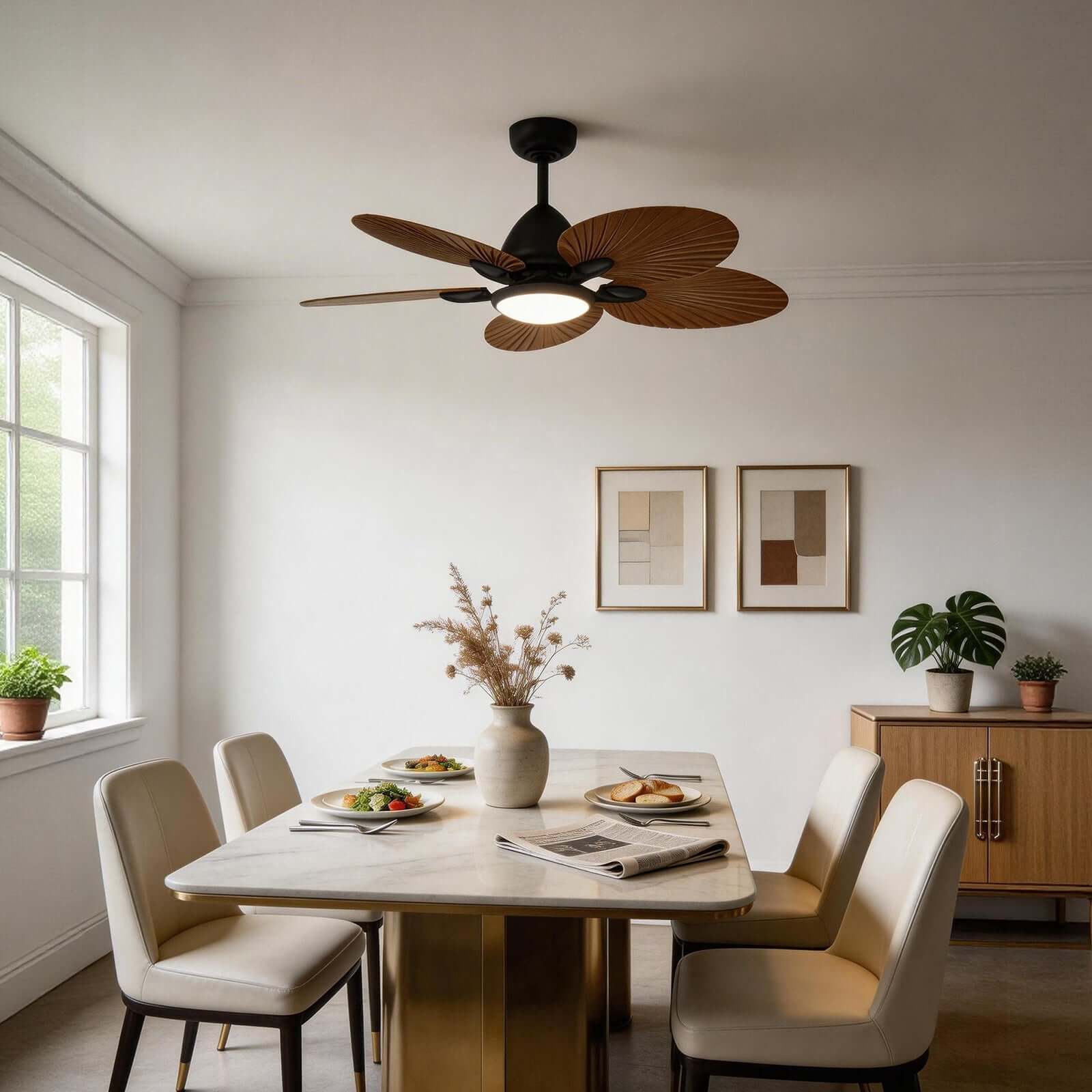 Saviu | Ventilatore da soffitto nero da 130 cm con paralume color caffè, 5 pale e LED a spettro completo, telecomando