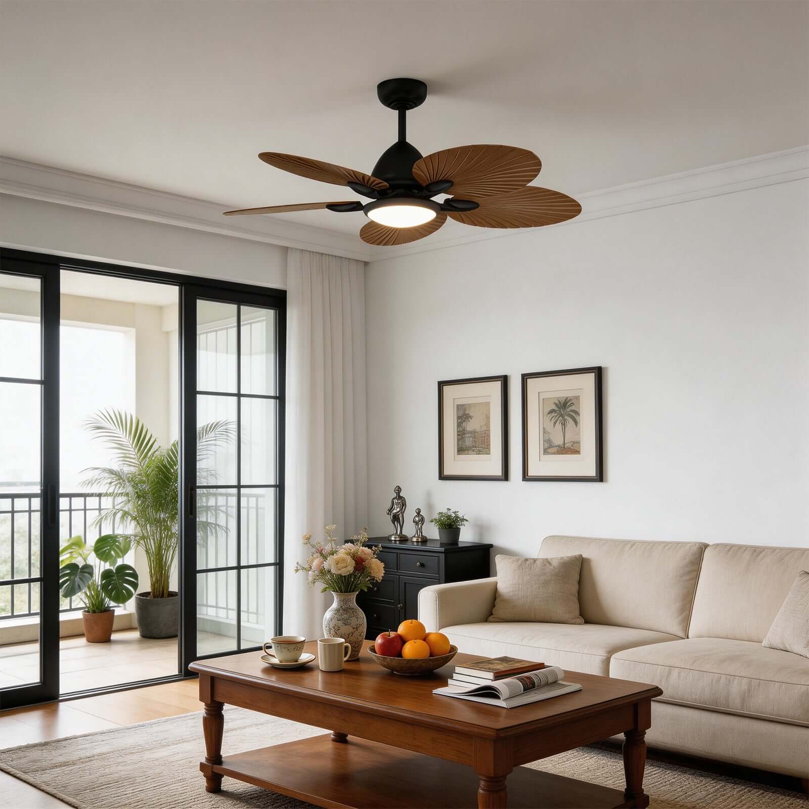 Saviu | Ventilatore da soffitto nero da 130 cm con paralume color caffè, 5 pale e LED a spettro completo, telecomando