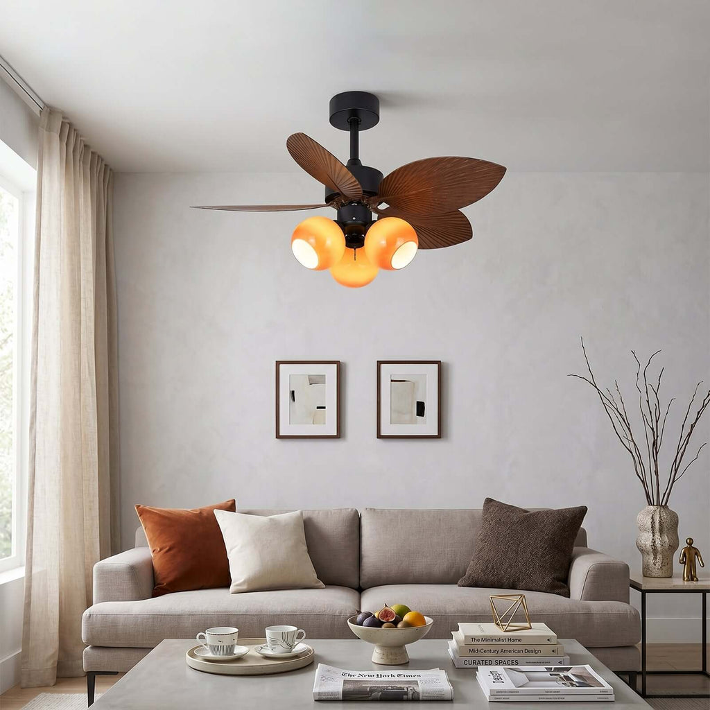 Rumae | Ventilatore da soffitto da 107 cm con paralume caramello a tre luci e LED a spettro completo, telecomando