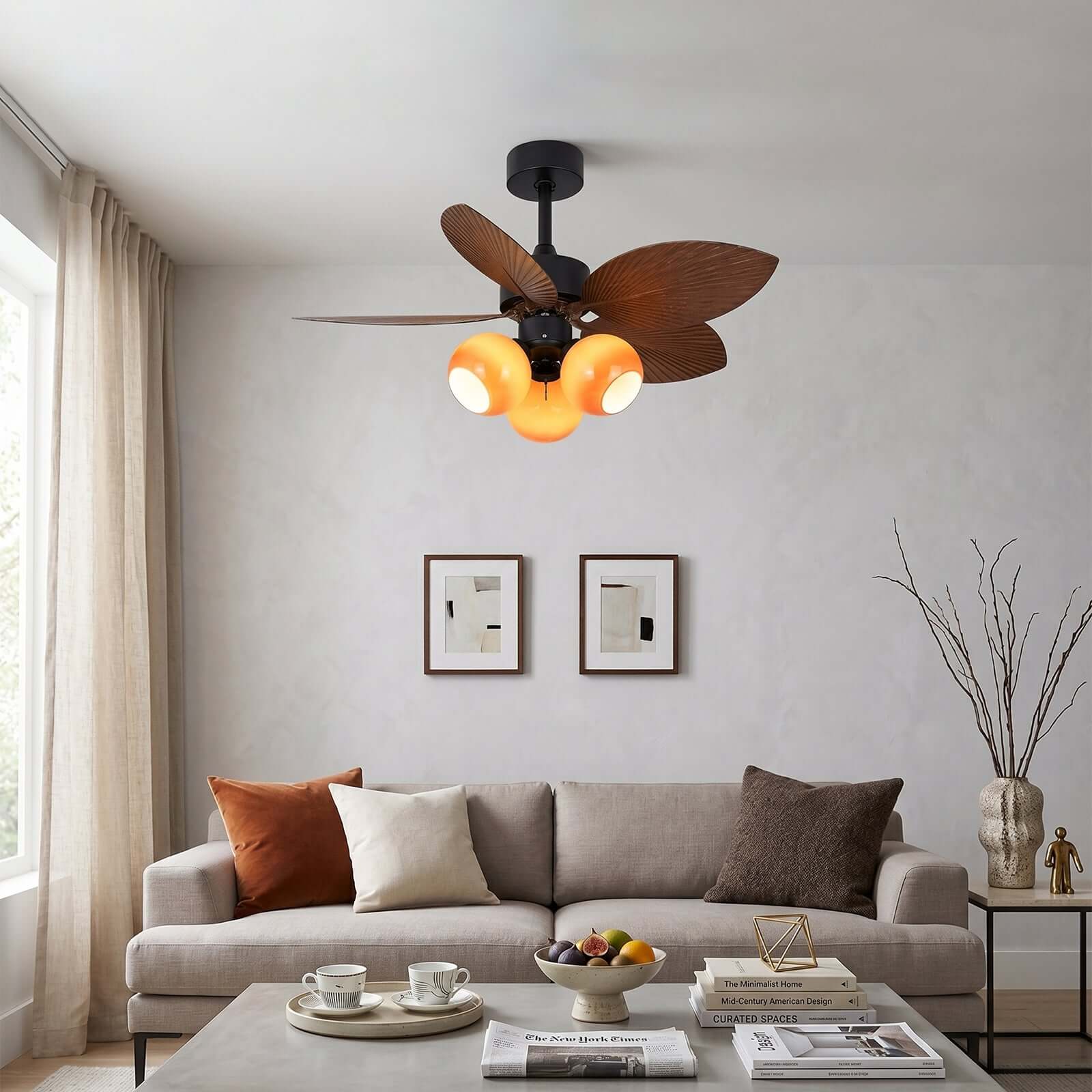 Rumae | Ventilatore da soffitto da 107 cm con paralume caramello a tre luci e LED a spettro completo, telecomando