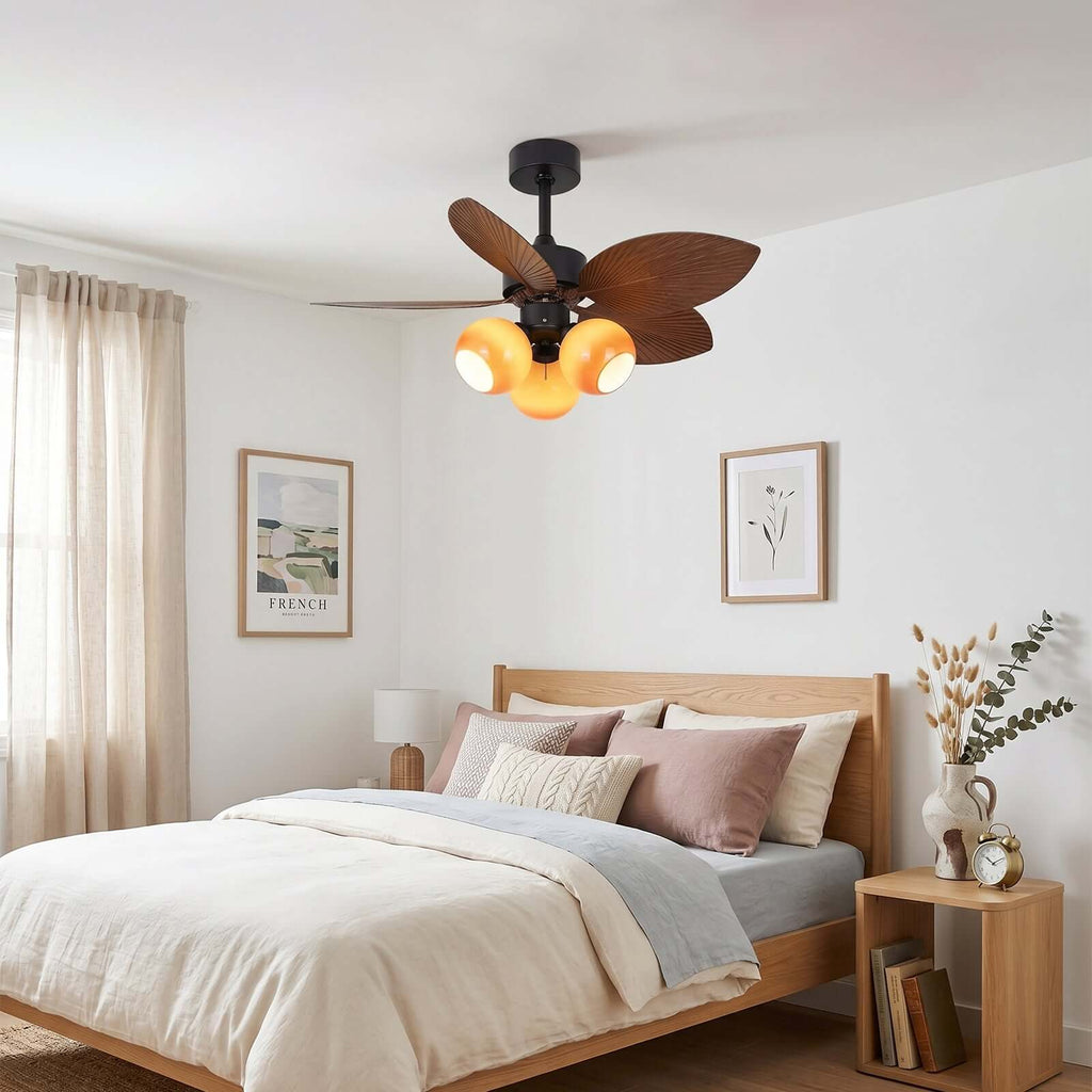 Rumae | Ventilatore da soffitto da 107 cm con paralume caramello a tre luci e LED a spettro completo, telecomando