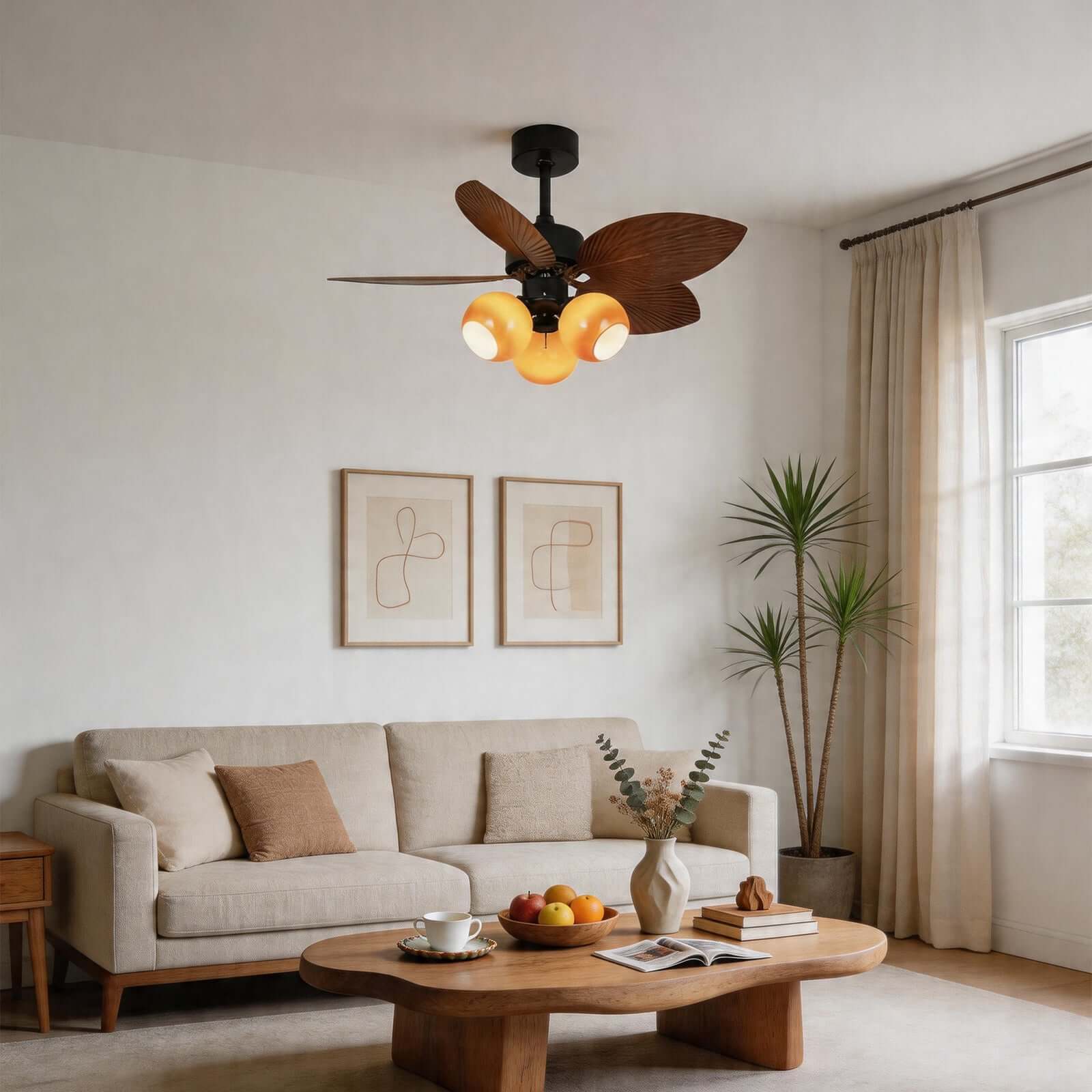 Rumae | Ventilatore da soffitto da 107 cm con paralume caramello a tre luci e LED a spettro completo, telecomando