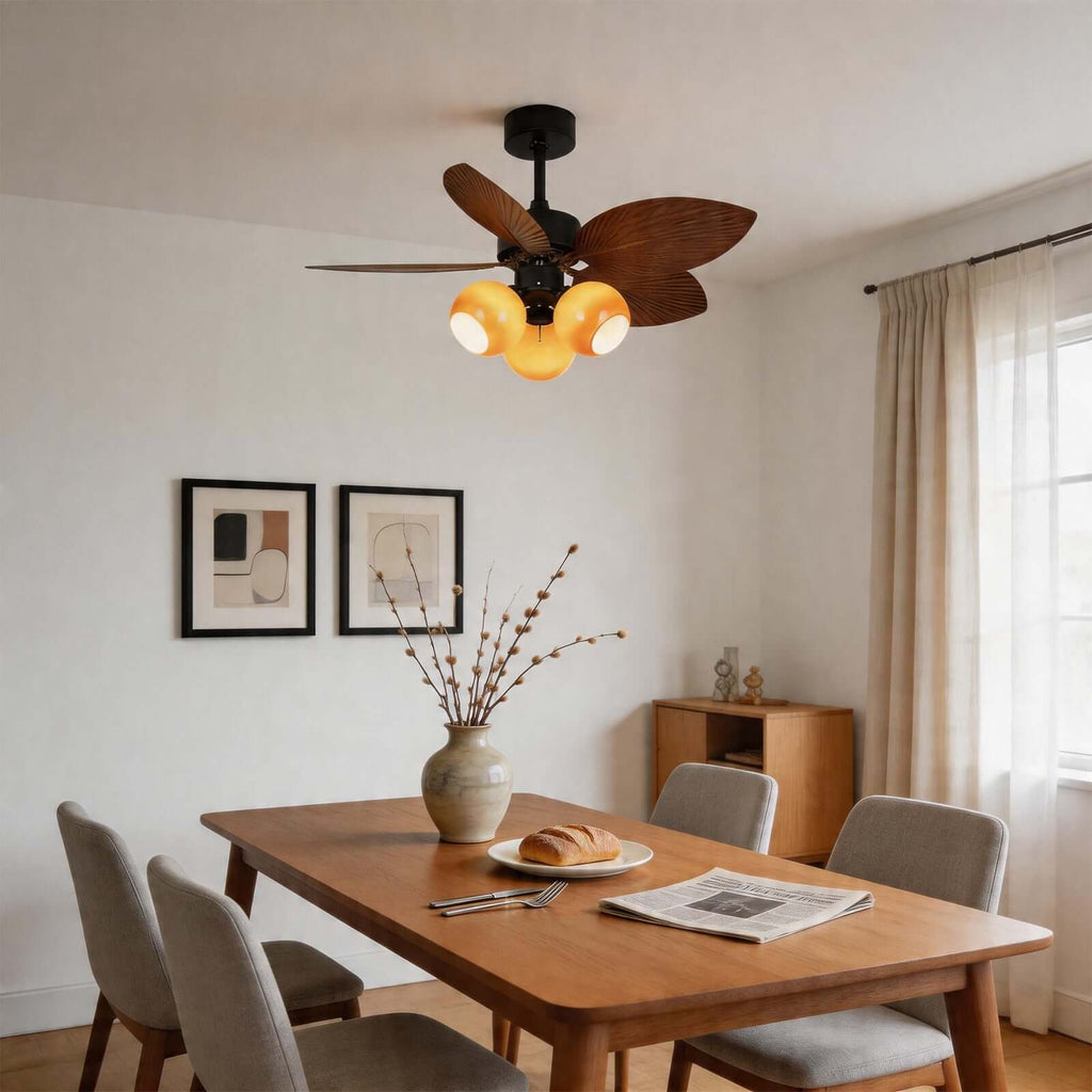 Rumae | Ventilatore da soffitto da 107 cm con paralume caramello a tre luci e LED a spettro completo, telecomando